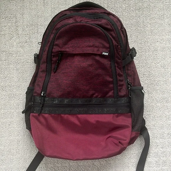 Victoria’s Secret PINK Collegiate Logo Backpack Maroon Marled and Black - Picture 1 of 4